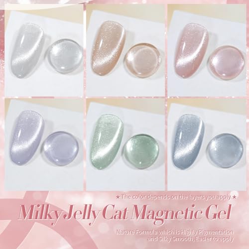 Born Pretty Cat Magnetic Eye Gel Nail Polish, Pastel Milky Cat Magnetic Gel Pastel Blue Green Purple Pink Nude Silver Nail Art Gel Manicure Salon DIY Gifts 7ML 6PCS
