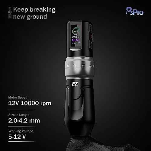 EZ P3 Pro Wireless Tattoo Machine - 6 Strokes 2.0, 2.4, 2.8, 3.3, 3.7, 4.2mm Tattoo Machine Pen with OLED Digital Display 1600mAh Battery Power Tattoo Gun (Gloss Black)
