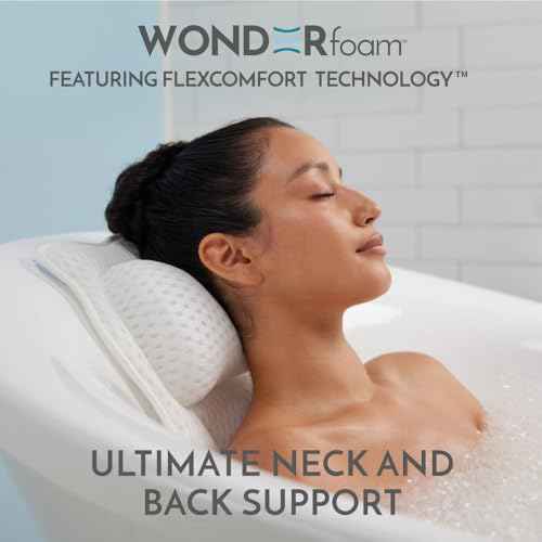 WONDERfoam Thick Padded Ergonomic Bath Pillow for Tub, Bathtub Headrest Neck and Back Support, Strong Suction Cups, Machine Washable Breathable Mesh Quick Dry Pillows, Luxury Spa Accessories, White