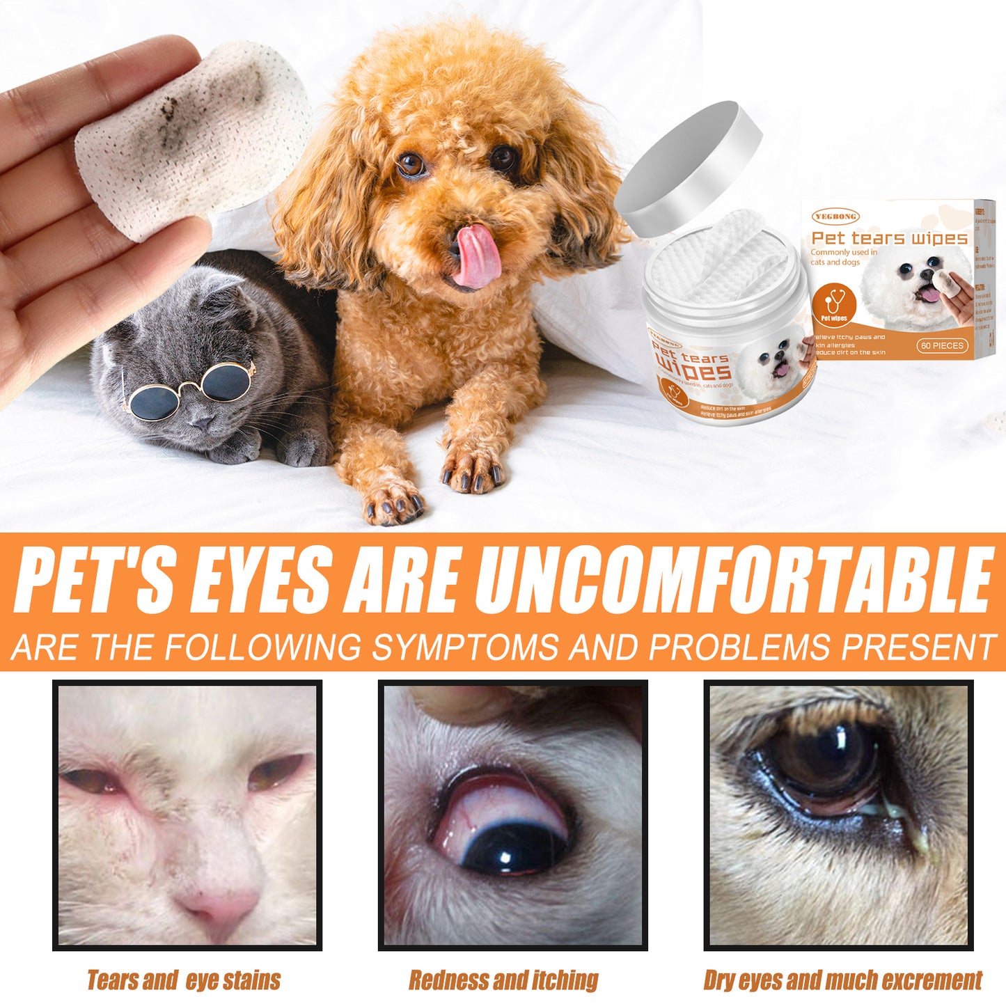 Pet Tear Stain Wipes for Dogs and Cats Eye Cleaning Cotton Pads - Hypoallergenic