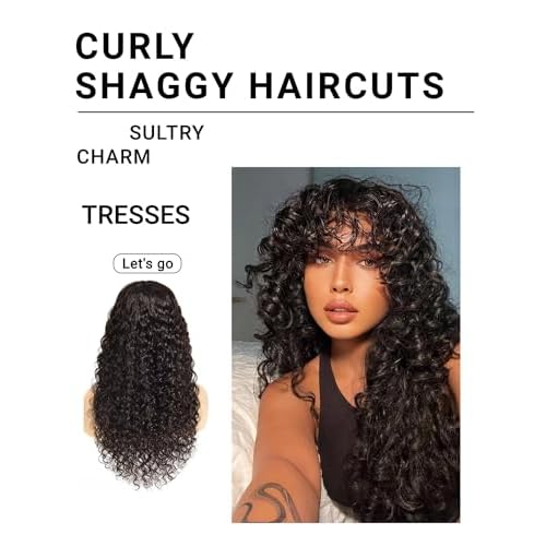 Shaggy Haircuts Curly Human Hair Wig with Bangs 4x4 HD Lace Closure Wig with Bangs Human Hair Wear and Go Glueless Wigs for Black Women 20inch