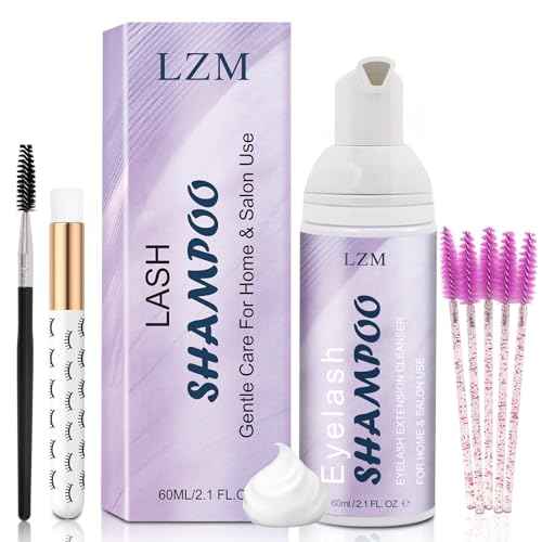 LZM Lash Shampoo Kit 2.02 fl.oz Lash Wash Cleaning kit for Clusters/Natural/Extensions, Gentle Foam&Deep Cleaning&Oil Free 60ml Lash Cleanser with Brush (8-in-1 Shampoo Kit)
