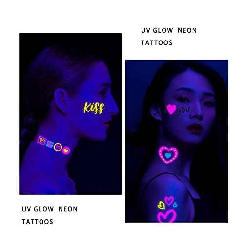 Glow In The Dark Heart Temporary Tattoos,Luminous Neon Valentines Day Temporary Tattoos, Bride Wedding Valentine Heart Music Rave Festival Tattoos Stickers For Women Men Adults(Neon Heart)