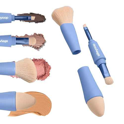 Alleyoop Multi-Tasker 4-in-1 Travel Makeup Brush Set ? Compact Makeup Brushes with Blending Sponge, Eyeshadow, Eyebrow & Liner, Blush & Bronzer Brush ? Mini Makeup Tools Kit for Women, Vegan