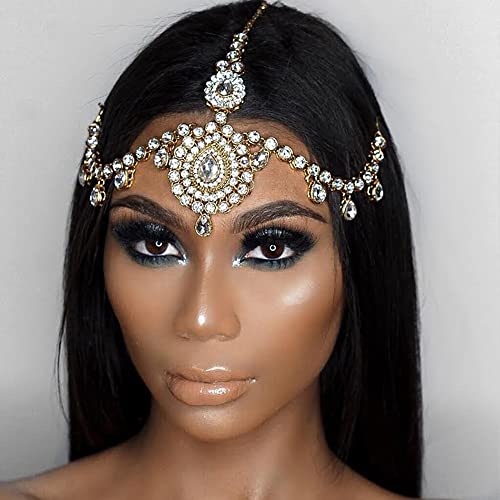 Xerling Bridal Forehead Headpiece for Wedding Zircon Crystal Dangling Tassel Head Chain Clip-on Hair Accessories for Women Boho Hair Piece (Gold)