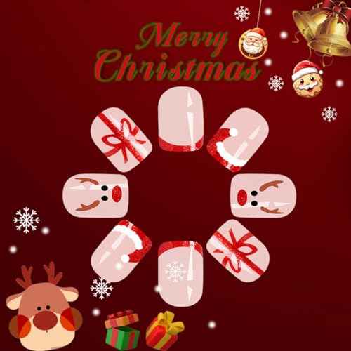 24 Pcs Christmas Press on Nails Short Square - SHANRUN Xmas Pink Fake Nails Press ons Nail Art Tip Glue on Nails Full Cover Artificial Acrylic False Nails Stick on Nails Red Hat French Gift Box Design