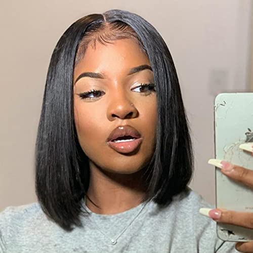 ISEE Hair Glueless Wear and Go Wigs for Beginners Lace Front Wigs for Black Women Human Hair Short Straight Bob Human Hair Wigs Lace Pre Cut Wig 12 Inch