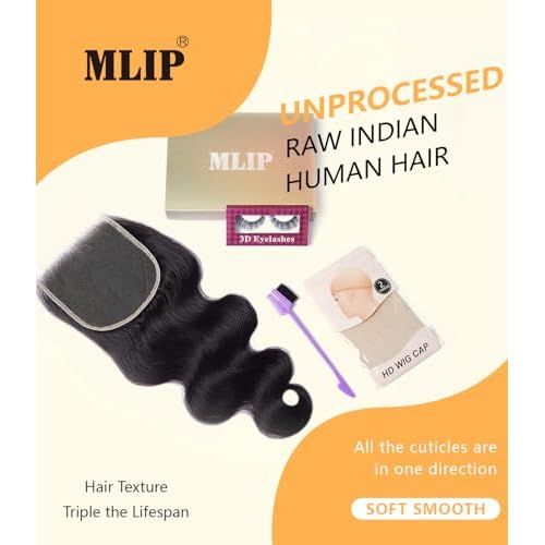 Mlip 5x5 HD Lace Closure Body Wave, 0.10mm Ultra Thin Invisible Swiss Lace, Skinlike Real HD Lace Melt into Skin Perfectly, Pre-plucked Natural Hairline, Raw Indian Human Hair 14 Inches