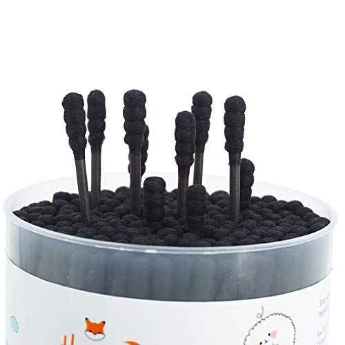Black Cotton Swabs Spiral - 600 Count Organic Cotton Buds Double Side Tightly Wrapped Charcoal Cotton Tips Paper Stick Soft Gentle Lint-Free Cruelty-Free Goth Bathroom, Round & Spiral (Black)