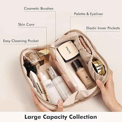 Prite Makeup Bag for Women Travel Waterproof Vegan Leather Cosmetic Bag Open Flat Toiletry Bag With Clear Divider and Handle (Large Beige)