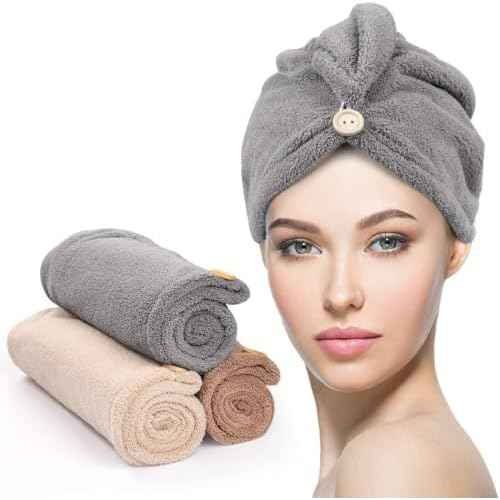 YFONG 3 Pack Hair Drying Towels, Hair Towel with Button, Super Absorbent Microfiber Hair Towel for Curly Hair, Fast Drying Hair Wraps for Women Girls, Microfiber Towel for Hair