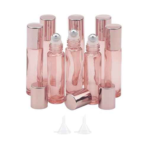 8 Pack 10mL(1/3 oz) Glass Roller Bottles for Essential Oils & Perfume, Rose Gold Roll On Vials with 2 Funnels, Travel Refillable Leak Proof Rollerball Applicator, DIY Craft Pretty Containers