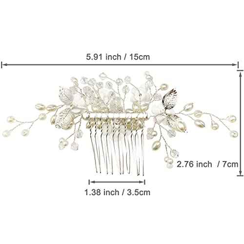 Flower Bridal Hair Vine Pieces with Comb Pearl Floral Rhinestone Leaf White Wedding Hair Pin Accessories for Women and Girls (White Flower Silver Leaf)