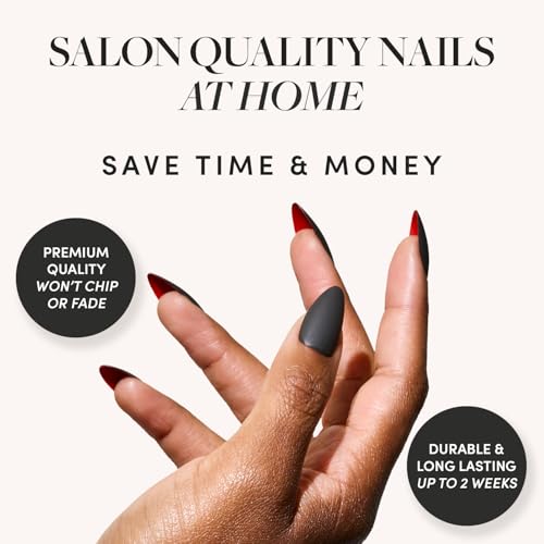 Glamnetic Press On Nails - Red Bottom | Red Accent Dual Side Medium Almond Fake Nails with a Black Matte Finish, Salon Quality Halloween Nails | 15 Sizes - 30 Nail Kit with Glue