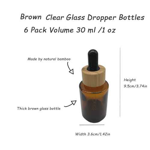 Brown Glass Dropper Bottles 30ml/1 oz 6 PACK,Essential Oil Bottles With Eye Dropper And Bamboo Lids Perfume Sample Vials Essence Liquid Cosmetic Containers