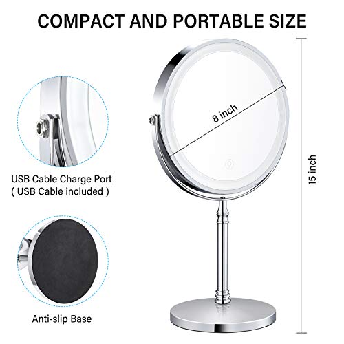 8" Lighted Makeup Mirror, 10X Makeup Mirror with Lights, Double Sided Dimmable Magnifying Mirror with Light, Rechargeable and Brightness Adjustable, Cordless Vanity Mirror with Lights