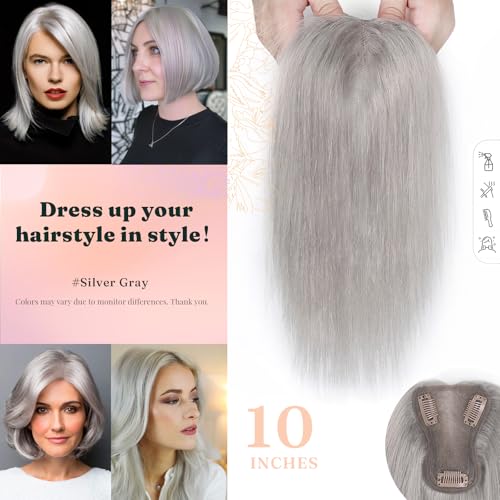 Light Gray Hair Toppers for Women Real Human Hair, 360¡Æ 3D Human Hair with Thinning Hair, Clip in, No Bangs Straight, Swiss Base for Daily 10 Inch (#Light Gray)