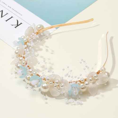 Flower Headband for Women Girls, Wedding Bridal Pearl Headpiece Hairband Hair Accessories for Prom Birthday Party (Gold, One Size)