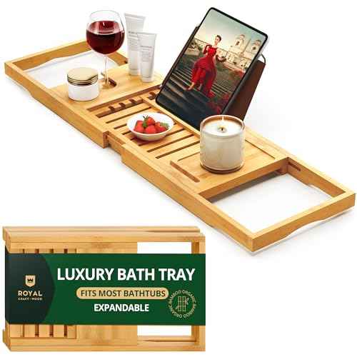 ROYAL CRAFT WOOD Premium Foldable Bathtub Tray Caddy - Wood Bath Tray for Tub, Bamboo Shelf, Expandable Bath Table Trays, Bathtub & Bathroom Accessories for New Home & Mothers, Birthday Gifts for Mom
