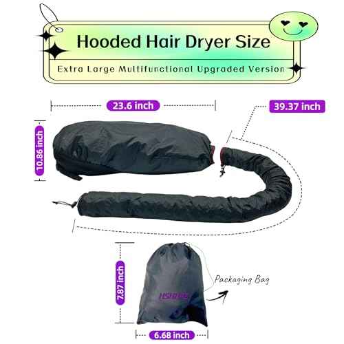 Hooded Hair Dryer for Curly Hair, Large Adjustable Blow Dryer Cap, Portable Hair Dryer Bonnet Attachment, Soft Diffuser for Fast Drying & Deep Conditioning, Headband Integrated Design (Black)