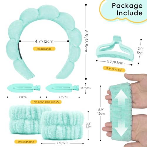 Spa Headband For Washing Face with Hair Clips Wristbands 6PK for Women Girls, Soft-Puffy Velvet Makeup Headbands for Makeup, Skincare (Green)
