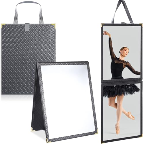 Foldable Backstage Mirror with Handle Leather Folding Hanging Mirror Rectangular for Travel Dance Bag Home Fitness Spa Gift for Dancers (Grey,33.5" l*13.4" w)