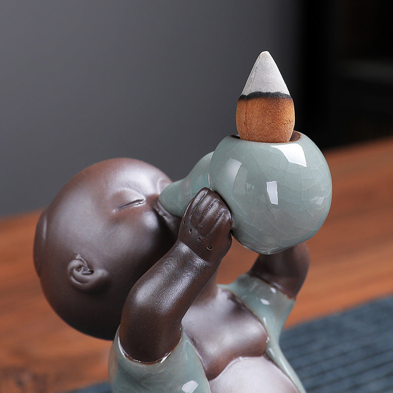 Chinese Backflow Incense Burner with Cracked Ice Boy Ceramic Decor for Aromatherapy