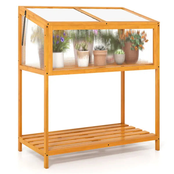 2-in-1 Elevated Greenhouse with Adjustable Roof & Slatted Shelf
