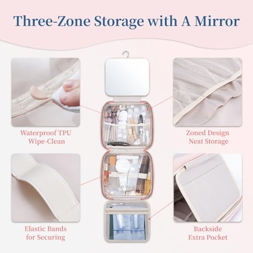 GLINT & GLIDE Travel Makeup Bag with Mirror-Hanging Toiletry Large Capacity, Organizer Toiletries Bag, Portable Cosmetic Case for Women and Girls, Pink