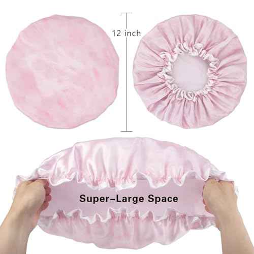 Aquior Shower Caps, Reusable Shower Cap for Women, Double Layer Waterproof Bonnet Hair Cap, Large Size for All Hair Lengths,for Girls Spa Home Salon Use (Pink Cloud)