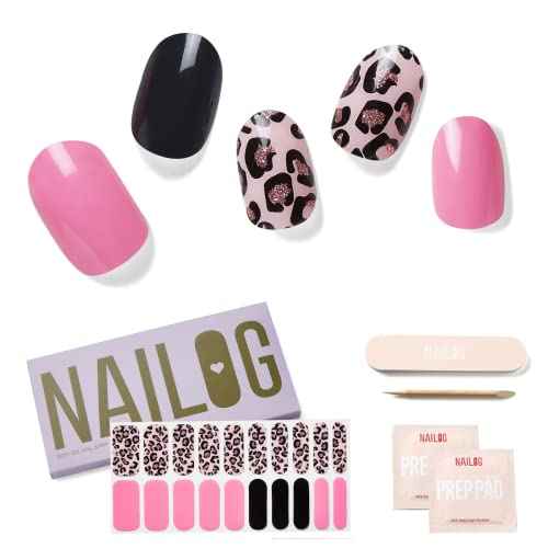 NAILOG Semi Cured Gel Nail Strips (20 Extra Long Polish Stickers/Wraps) ¦¢ Glossy & Long Lasting Soft Gel Finishing ¦¢Pink Leopard