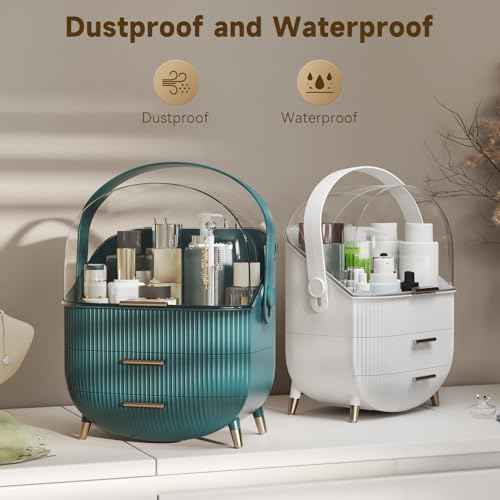 Makeup Organizers, Make Up Organizer for Vanity, Countertop Cosmetic Storage with Drawers and Transparent Cover for Bedroom Bathroom, White