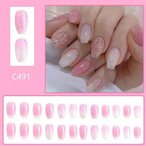 24pcs Pink Glitter Press-on Nails - Medium Coffin Style, Bling Acrylic, Gradient Design, Full Cover French False Nails, Artificial Glue-on Tips for Women & Girls - Glossy Finish