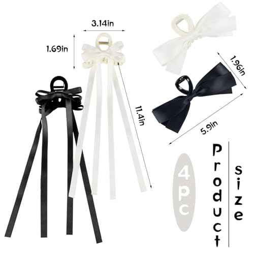 Zkptops 4Pcs Hair Claw Clips Bow Claw Clip for Women Girls Satin Claw Clamps Cute Large Bowknot Nonslip Jaw Barrettes with Tassel Hair Bow Claw Clip Accessories for Thin Thick Curly Hair (Black White)