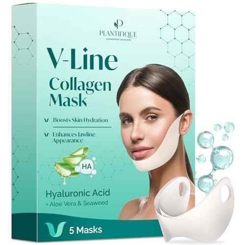 PLANTIFIQUE V-Line Collagen Mask for face 5 PCS | Chin Strap for Women & Men | V Line Lifting Mask with Collagen and Hyaluronic Acid V Shape Face Tape Chin | Skin Firming