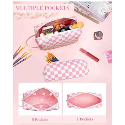 2Pcs Makeup Bag for Women, Large Checkered Cosmetic Bags with Small Makeup Brushes Bag Set, Cute Leather Make Up Orgnizer with Zipper, Travel Skincare Toiletry Storage Bag for Teens Girls Gifts(Black)