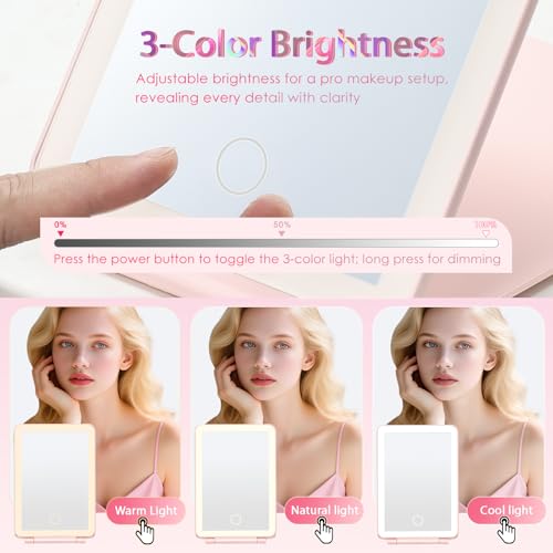 Makeup Case with Lighted Mirror Travel Makeup Organizer Box 2 Trays Lockable Cosmetic Train Case with Movable LED Mirror for Girls Make Up Nail Kits Sewing Vanity Storage Case Shiny Pink