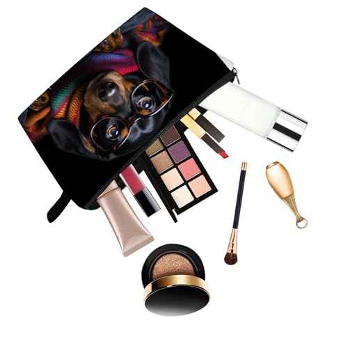 Funny Dog Puppy Present Funny Dachshund Makeup Bag Cute Small Organizer Bag with Zipper Glasses Dachshund Cosmetic Bag Birthday Presents for Dachshund Lovers Dog Mom Women Friends