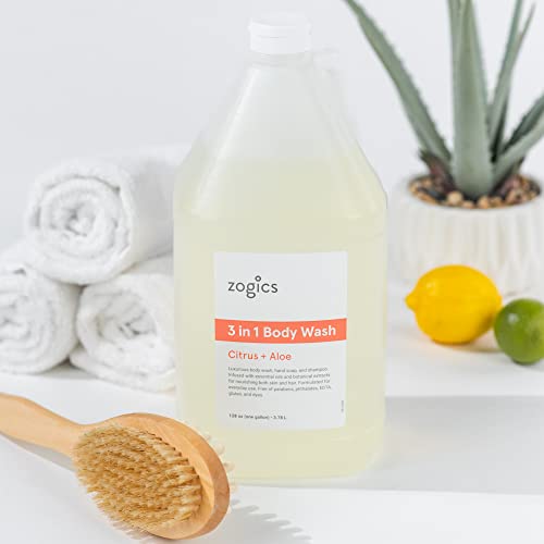 Zogics 3-in-1 Body Wash ? Body Soap, Shampoo, and Hand Soap Liquid Refill All-in-One, Hydrating Plant-Based Formula, Refreshing Citrus + Aloe Scent (4 Gallons/Case)