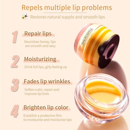 4PCS Bee Lip Balm Honey Pot, Fruit Moisturizing Propolis Lip Mask, Lip Mask Overnight Propolis Moisturizing Lip Balm Hydrating Prevention Dry and Crack Lip Scrubs Exfoliator Lip Care Products (A)