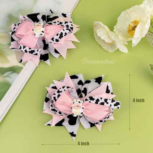 Framendino, 2 Pack Pink Cow Print Hair Bow Clips Bows Grosgrain Ribbon Alligator Moo Bowknot Barrettes Pins for Accessories