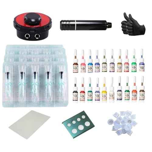 One Tattoo World - Rotary Tattoo Machine Kit, Gloves, Ink Caps, Paper, 20 x 5ml Inks, 20 Disposable Tattoo Cartridge Needles, and Power Supply, OTW-KPB01D