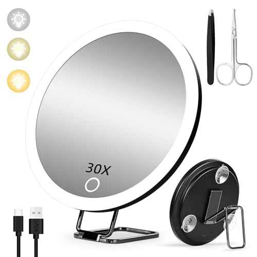 30x Magnifying Mirror with Light, Large 6" Rechargeable Lighted 30x Magnified Mirror with Suction Cups & Table Stand, 3 Color Modes Dimmable Light up Travel Magnifying Makeup Mirror High Magnification