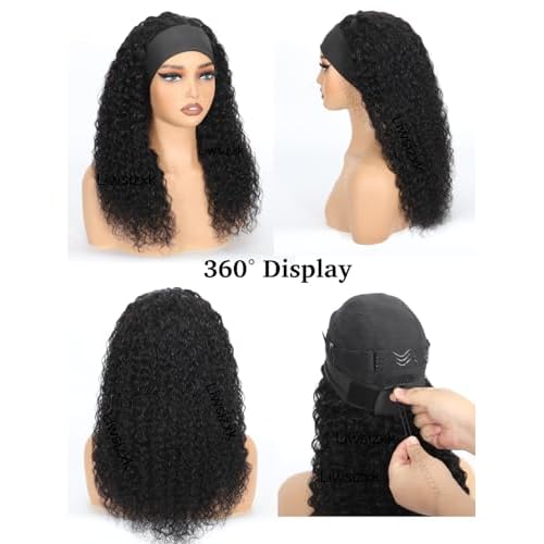 Water Wave Headband Wig Human Hair 220 Density Upgrade Curly Drawstring Headband Wigs Human Hair Wear and Go Glueless Wigs for Black Women 22inch None Lace Front Wigs Natural Color