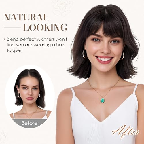 S-noilite Human Hair Toppers for Women with Bangs 100% Real Human Hairpiece 5"x3" Clip in Silk Base Topper Piece Cover Thinning Fine Hair 12 inch Camel Brown Highlighted Blonde