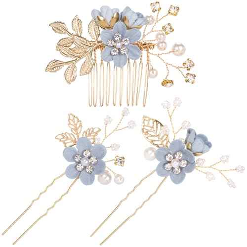 3pcs Flower Tassel Hair Pins, Vintage Chinese Rhinestones Pearl Hair Sticks, Floral Bun Updo Hair Comb Clip, Bridal Headpiece for Women Wedding, Parties - Blue