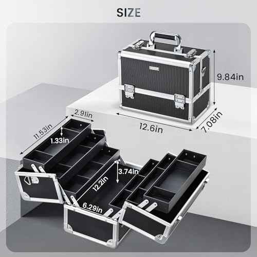 FRENESSA Makeup Train Case Makeup Case 12.6 Inch Large Cosmetic Box Organizer Travel Storage Professional Make Up Train Carrying Case with 6 Trays Locking Shoulder Strap Hard Vanity Storage Black