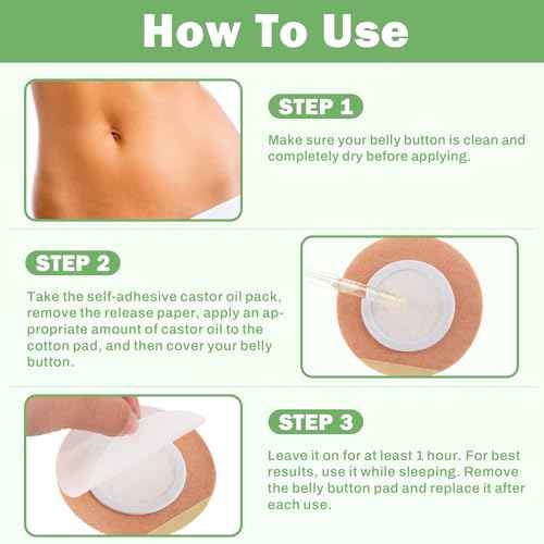 30Pcs Castor Oil Pack Wrap for Belly Button with 4oz Organic Castor Oil in Glass Bottle, Highly Absorbent Cotton Belly Button Patches Self Adhesive
