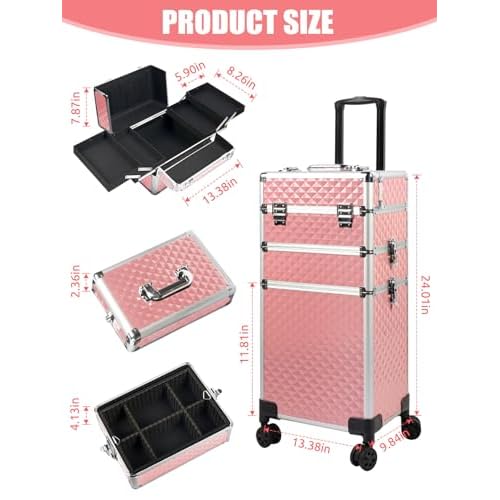 EBANKU Rolling Makeup Train Case Large Capacity Cosmetic Trolley, 3 in 1 Aluminum Professional Salon Travel Case with Key Swivel Wheels Traveling Cart Trunk for Hairstylists Nail Tech - Pink