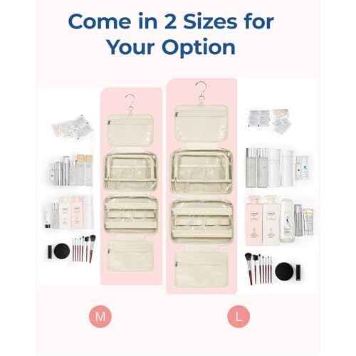 BAGSMART Travel Toiletry Bag with Jewelry Organizer, Hanging Travel Bag for Toiletries, Puffy Makeup Cosmetic Bag Organizer, Carry-on Travel Accessories Essentials, Beige-M